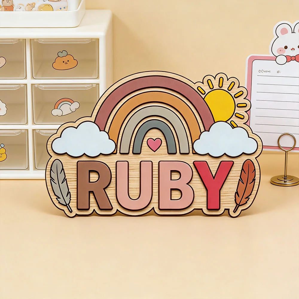 Personalized Boho Rainbow Sun Name Wooden Sign Baby Shower Gift for Newborn Boys Girls Nursery Decor