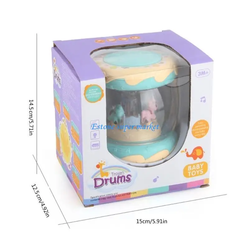 090B Brinquedo tambor mão formato giratório desenho animado com luzes coloridas Brinquedo apresentações música