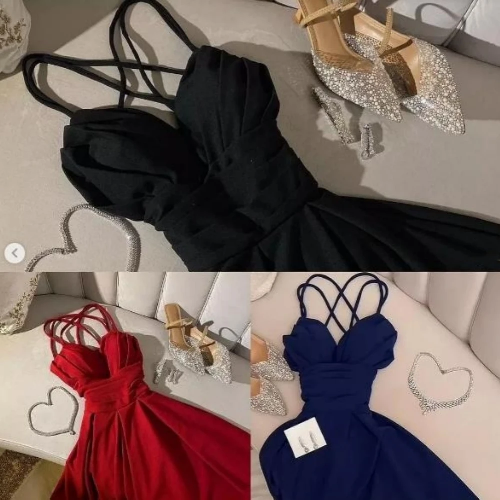 Ball Simple Sexy Spaghetti Strap A-line Cocktail Dresses Shirred Skirts Satin Prom فساتين سهرة فخمه 2023 مناسبة حسب ال