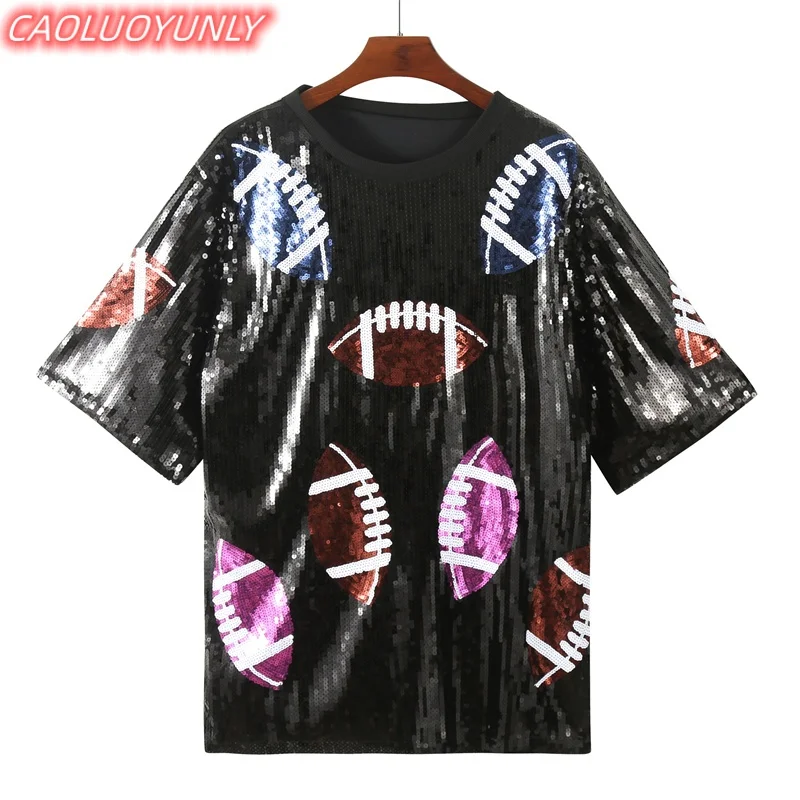 Summer High Quality Patchwork Color Streetwear Long Sleeve Sequins Hip Hop T-Shirt Round Neck Geometric Straight Women\'s Wears