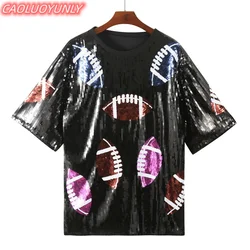 Summer High Quality Patchwork Color Streetwear Long Sleeve Sequins Hip Hop T-Shirt Round Neck Geometric Straight Women's Wears