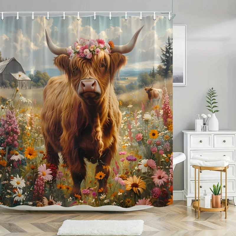 Rustic Farmhouse Highland Cow Shower Curtain - Washable Polyester, Floral & Animal Print, Includes Hooks for Easy Hanging