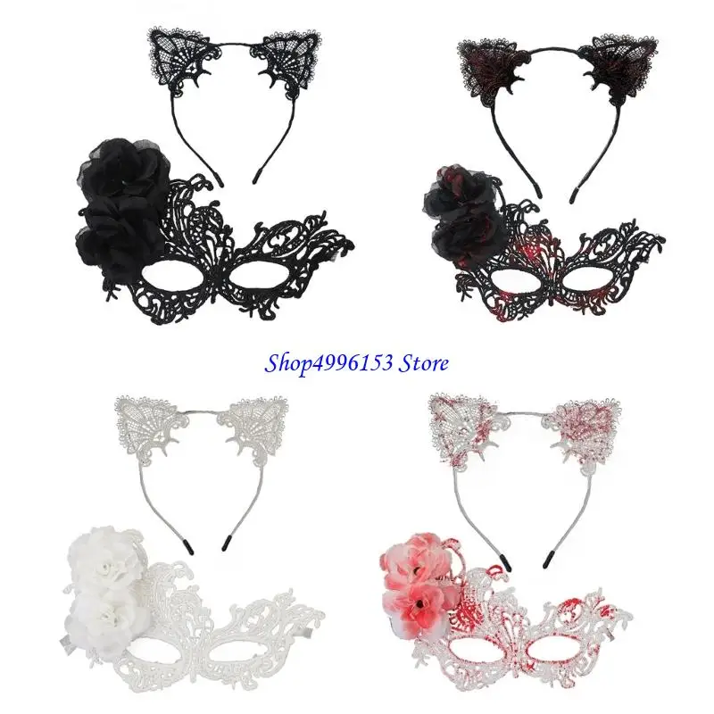 

Q0KE Reusable Plastic Mask Pair With Adjustable Cats Ear Headband For Cosplay