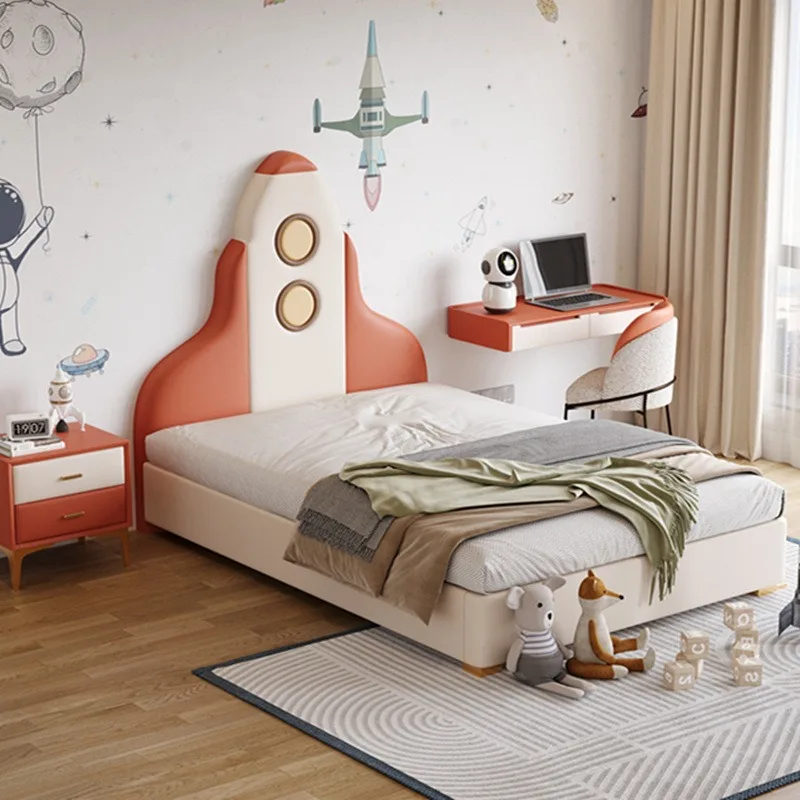 Bed teen bedroom space astronaut leather 1.5m solid wood guardrail bed