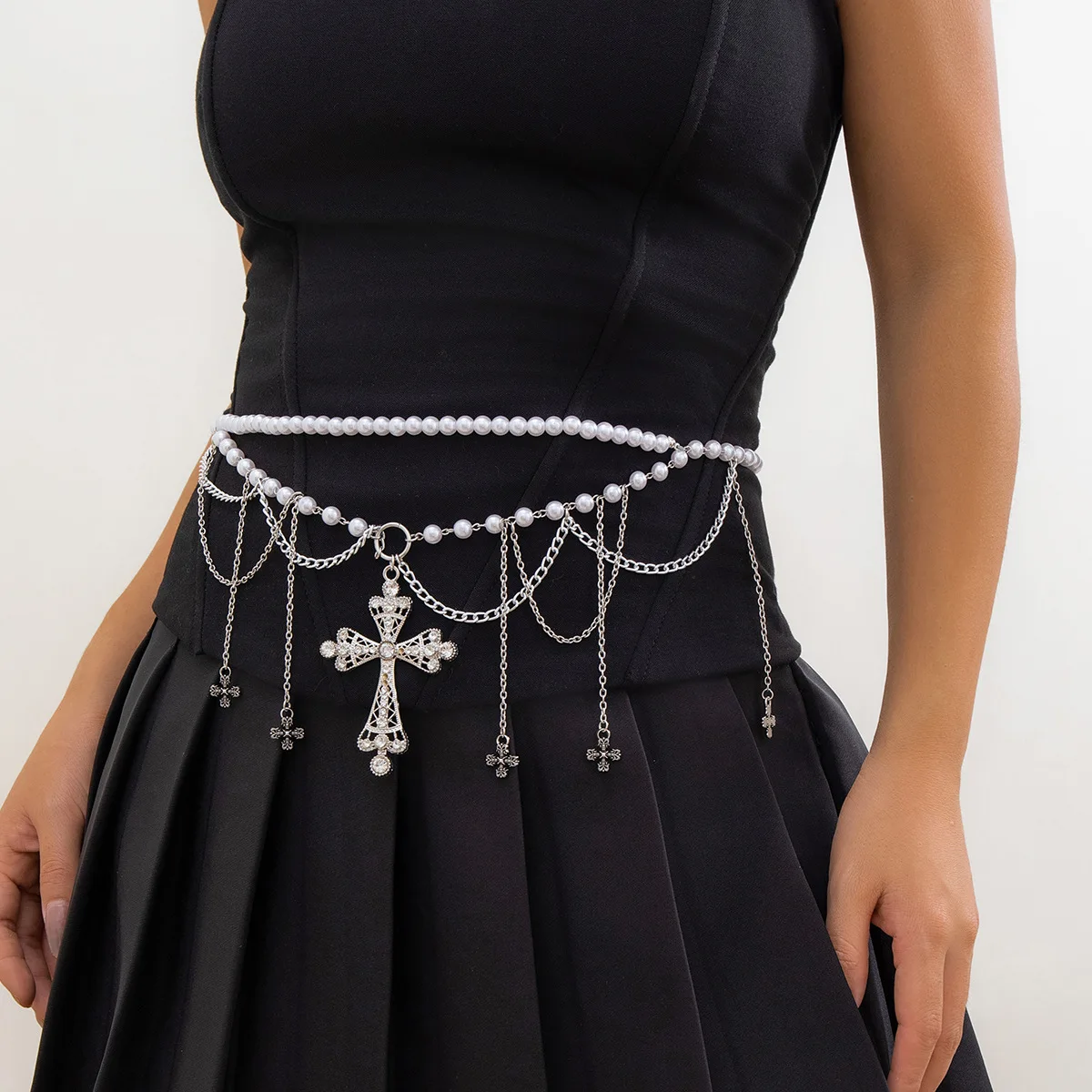 Body Chain Metal Double Layer Full Rhinestone Cross Tassel Waist Belt Women Elegant Evening Adjustable Gold Plated Premium