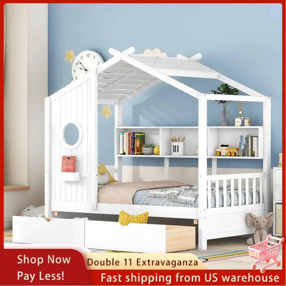 

Twin House Bed with Storage Drawers & Bookcase,Twin Platform Frame with Rails & Roof, Solid Wood Bed for Kids Teens Girls Boy