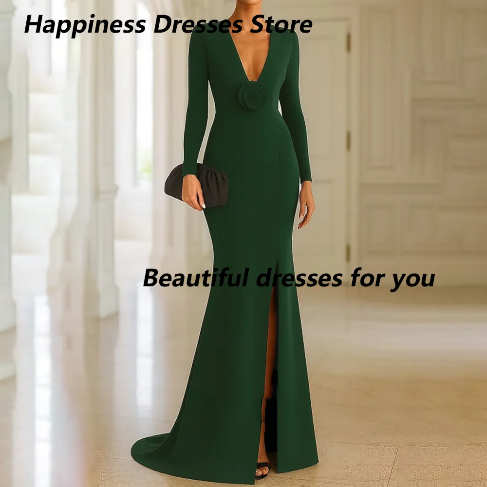 Customized Emerald Green Deep V Mother Of Bride Dresses Long Sleeve 3D Flower Slit Mermaid Front Split Wedding Evening Maxi Gown