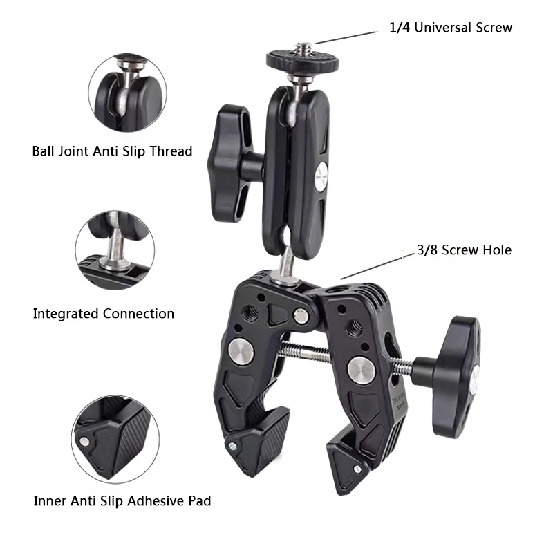 Super Camera Clamp Mount Double Socket Arm 1/4" Ball Head Adapter for GoPro 11 10 9 8 DJI Action Insta360 X3 DSLR Digital Camera