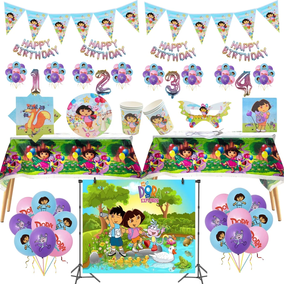 

Cartoon Cute Girl Dora Birthday Party Balloon Set Party Supplies Party Tableware Hat Background Banner Tablecloth Mask Napkin