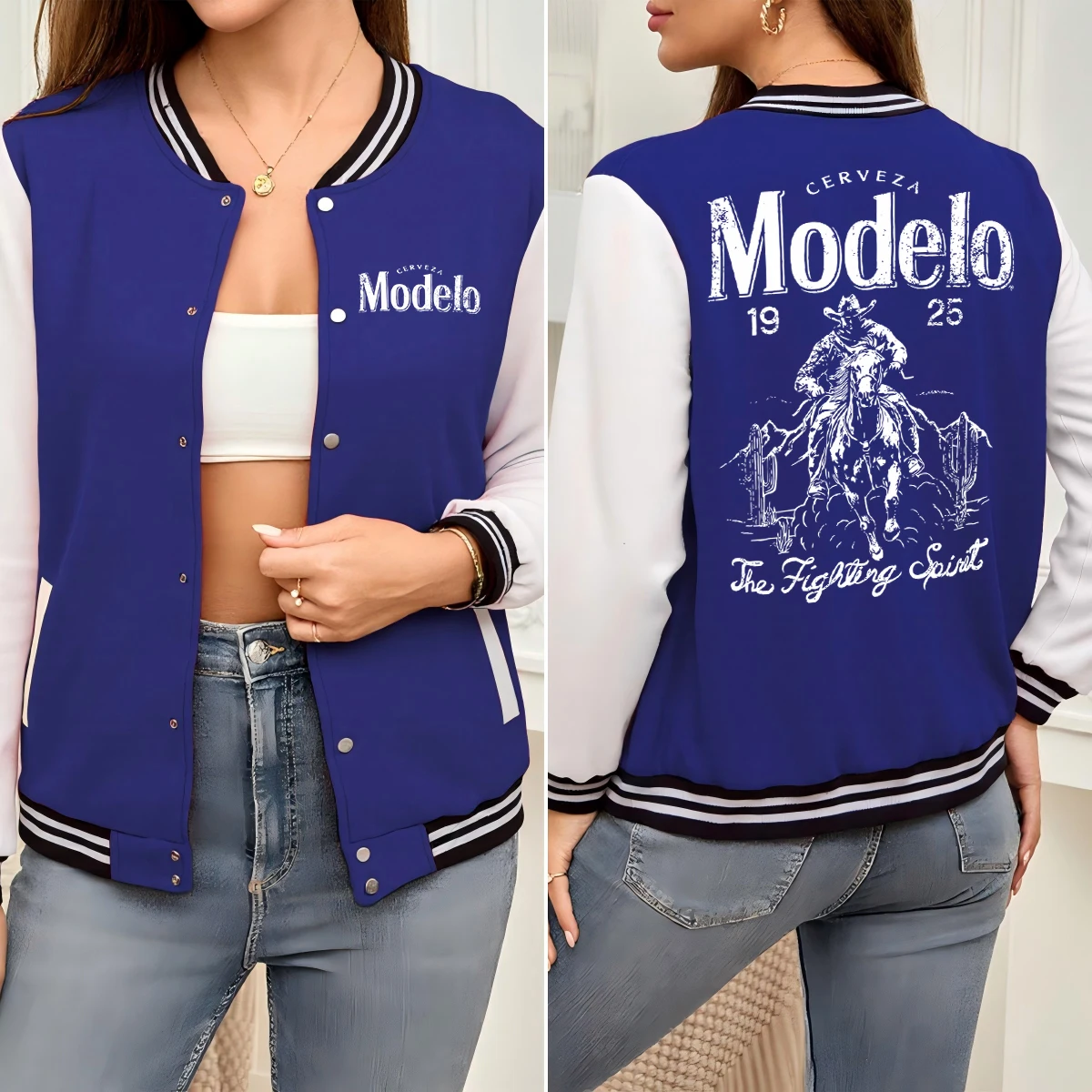 

Modelo The Fighting Spirt Western Cowboy Desert Print Women Jackets Colorful Casual Baseball Uniform Cotton Loose Sportswear