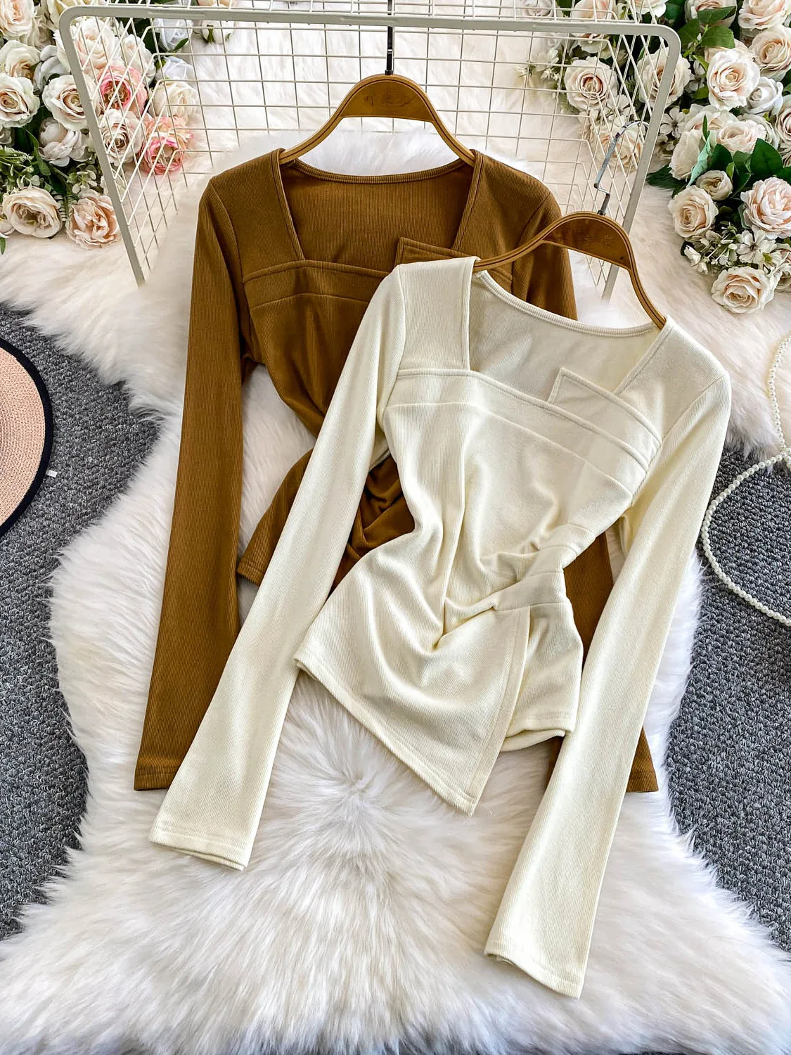 

Korean Sle Slimming Knitted T-irt Women's Autumn Winter Faion Design Asymmetric Pleated Card Waist High Waist Long Sve