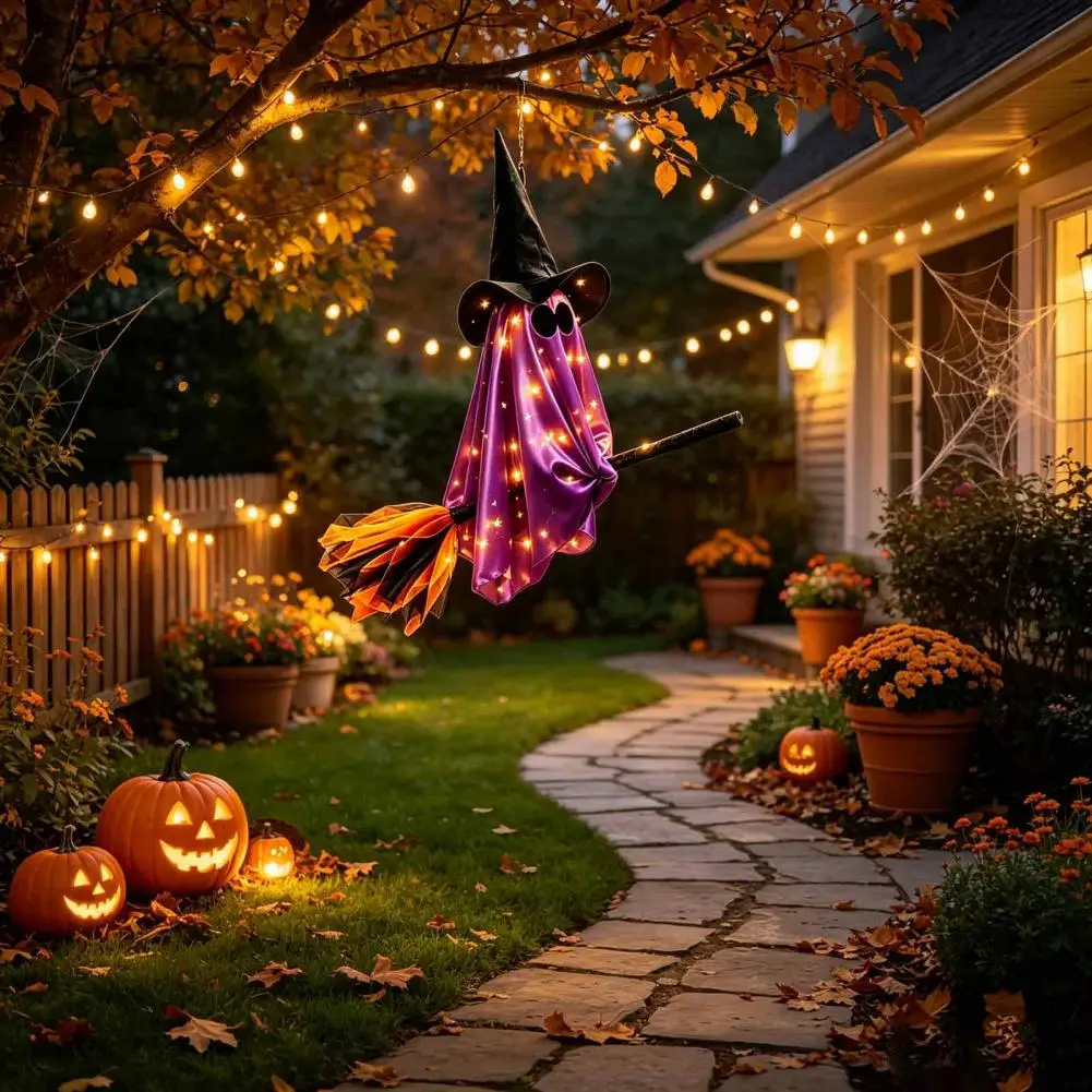 Witch Broomstick Ornament Illuminated Ghost Tree Ornaments Halloween Flying Ghost Decoration with Witch Broom Hanging for Lawn