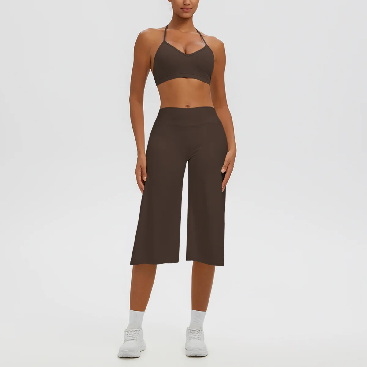 Women Yoga Set Halter Backless Sports Bra Wide Leg Capris Pants 2 PCS Outfit High Waist Workout Gym Fitness Tracksuit Activewear