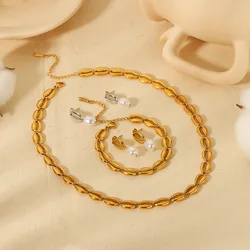 Stainless Steel Hollow Shell Golden Bracelet Necklace For Women Open Coffee Bean Shape Jewelry Set Texture Chains Bijoux Femmes