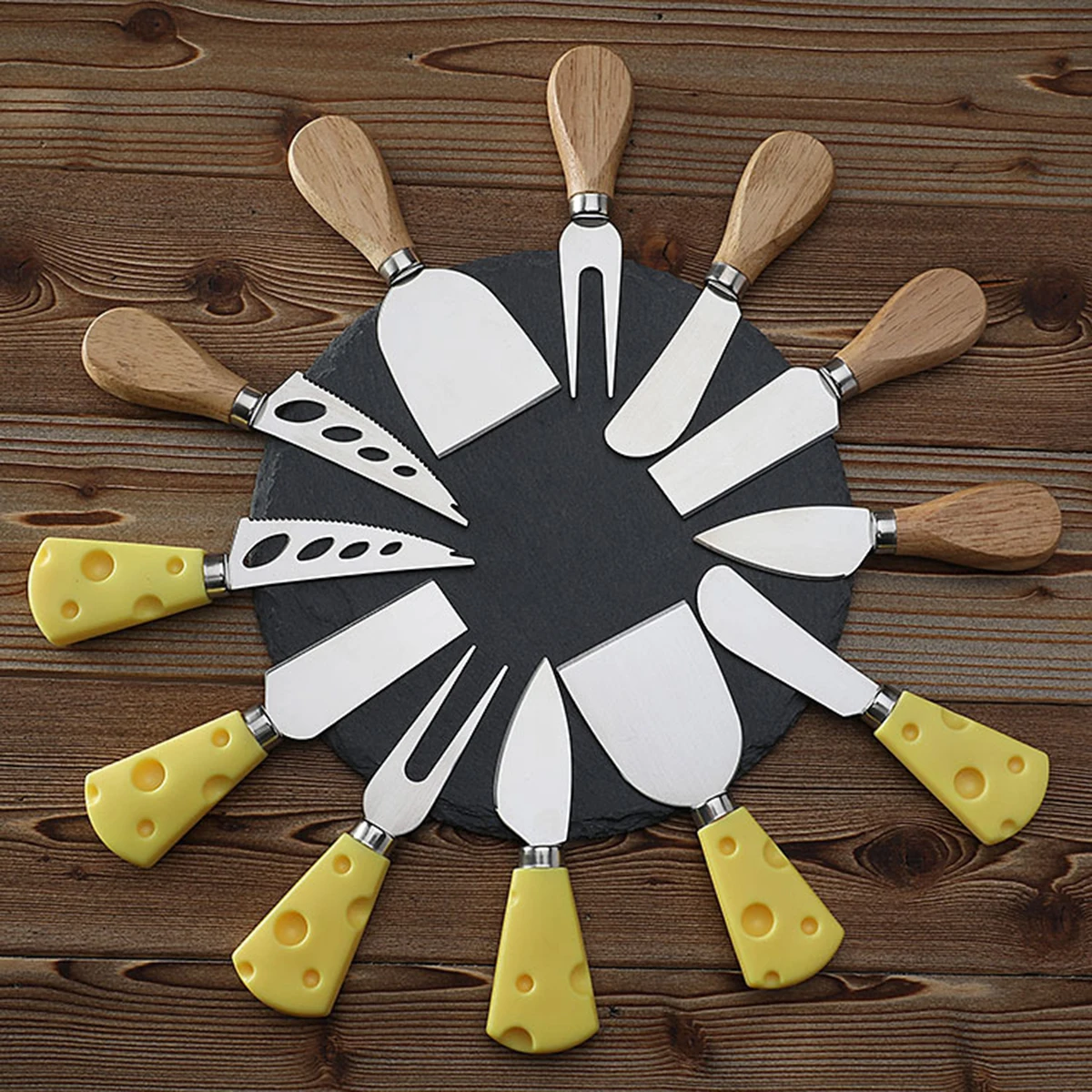 Cuchillo de queso de acero inoxidable con mango de madera, cuchillo de queso, cuchillo de mantequilla, cuchillo de Pizza, tenedor de queso, mantequilla y crema, 6 piezas