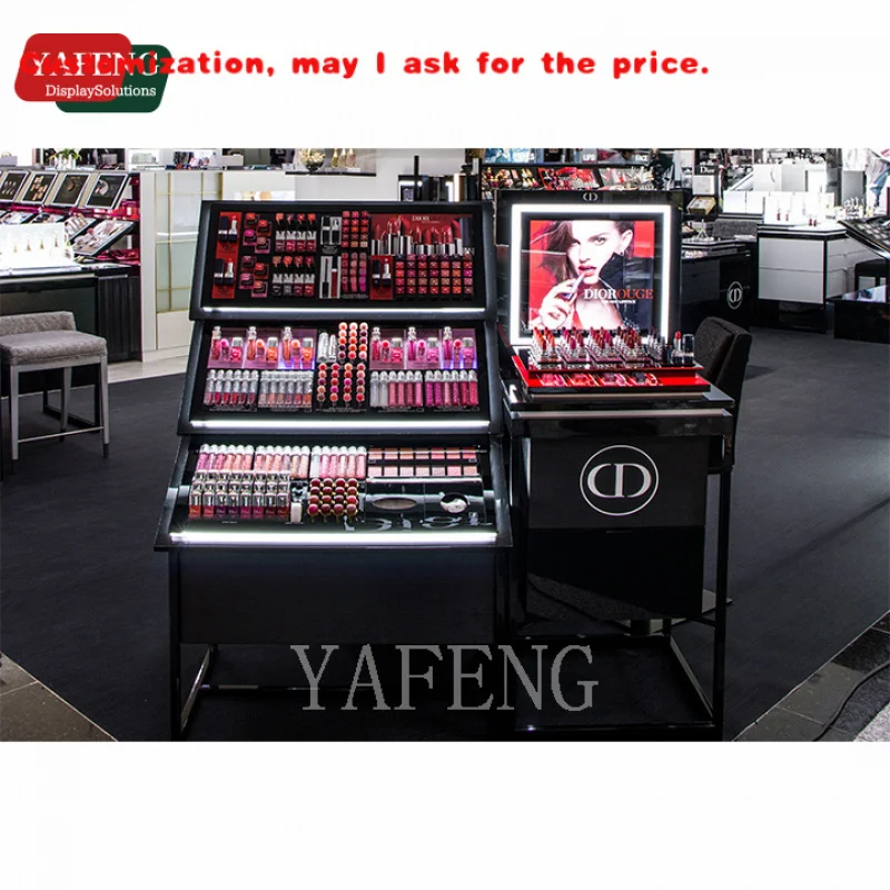 

на заказ. Современная регулируемая светодиодная косметическая витрина из дерева и нержавеющей стали с 3 полками, отдельно стоящая и розничная торговля