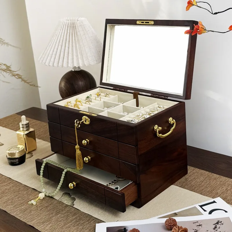 Wooden Jewelry Box with Lock Large Capacity Jewelry Box Multifunctional Women Ring Necklace Organizer Case Desktop Trinket Cases
