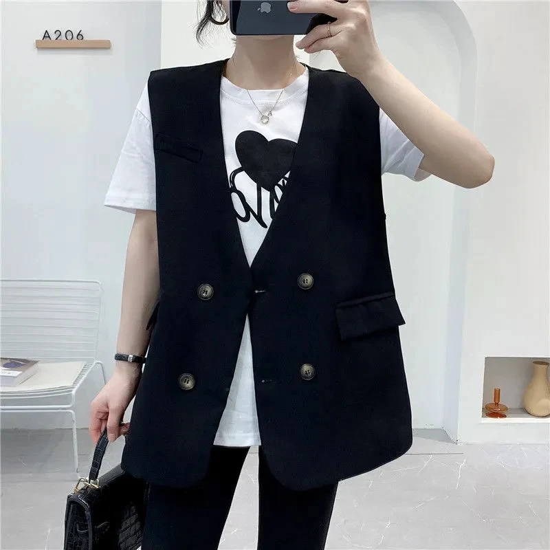 

Women Suit Vests Autumn New Casual Sleeveless Gilet Jacket Fashion Loose Black Blazer Waistcoat Female V Neck Cardigan