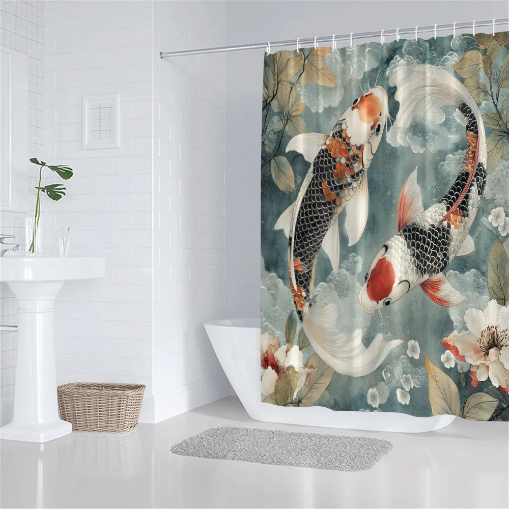 1pc Koi Fish in Cloudy Sky Shower Curtain - Japanese Ink-Inspired Design with Black, White, and Orange Koi Fish