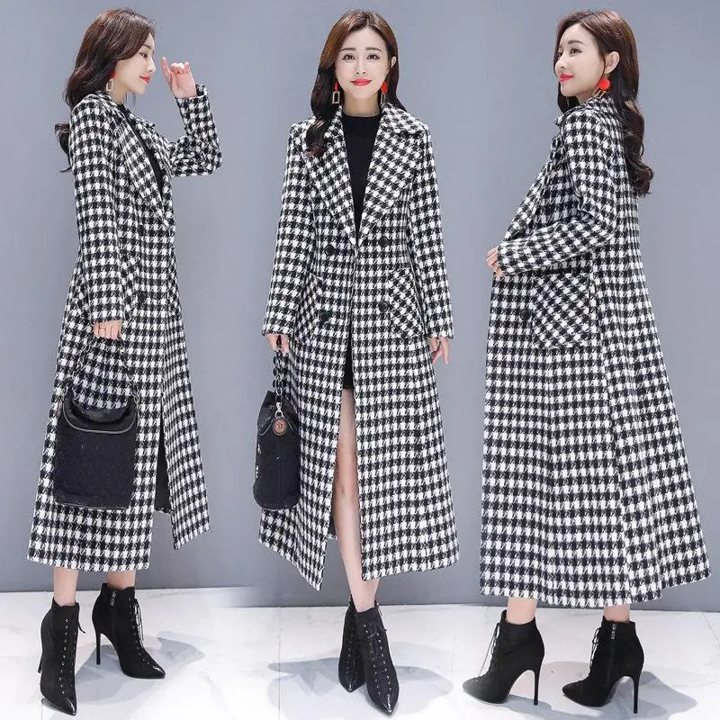 New Plaid Woolen Coat for Women Medium to Long Slim Fit Stylish and Trendy Thousand Bird Plaid Woolen Coat Is Trendy