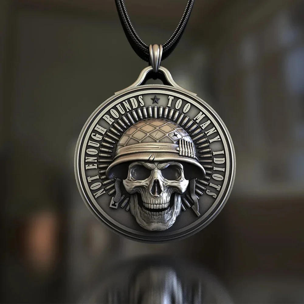 Fashion Pure Tin American Soldier Skull Necklace Hip Hop Men's Punk Army Emblem Commemorative Coin Pendant Sweater Chain Jewelry