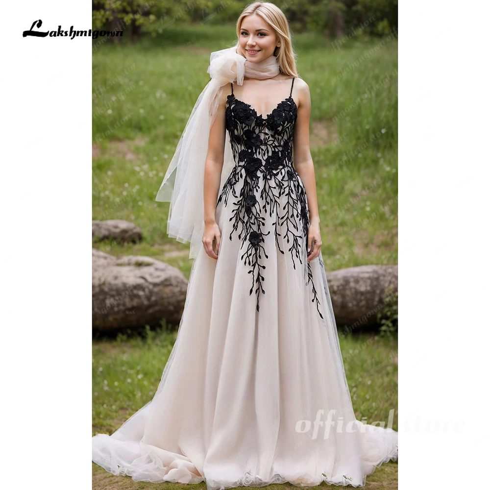 

Lakshmigown Lace Black and Ivory Wedding Dress Country Beach Straps V-Neck Open Back Appliques Bridal Gown Customized