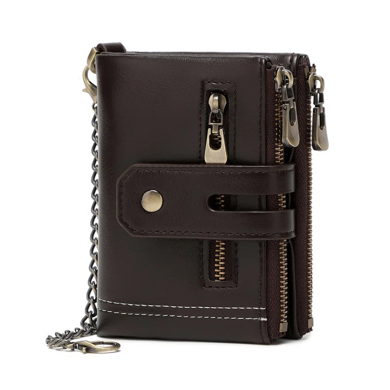 Western RFID Blocking PU Leather Chain Men Wallet Large Capacity Multifunctional Three Floded Coin Purse for Mens