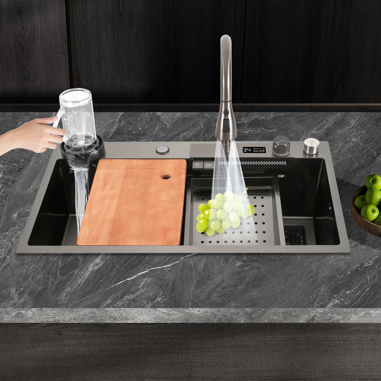 

Раковина с водопадом и цифровым дисплеем, многофункциональная кухонная мойка для рабочей станции с 360° ° Выдвижной смеситель для чистки посуды, фруктов