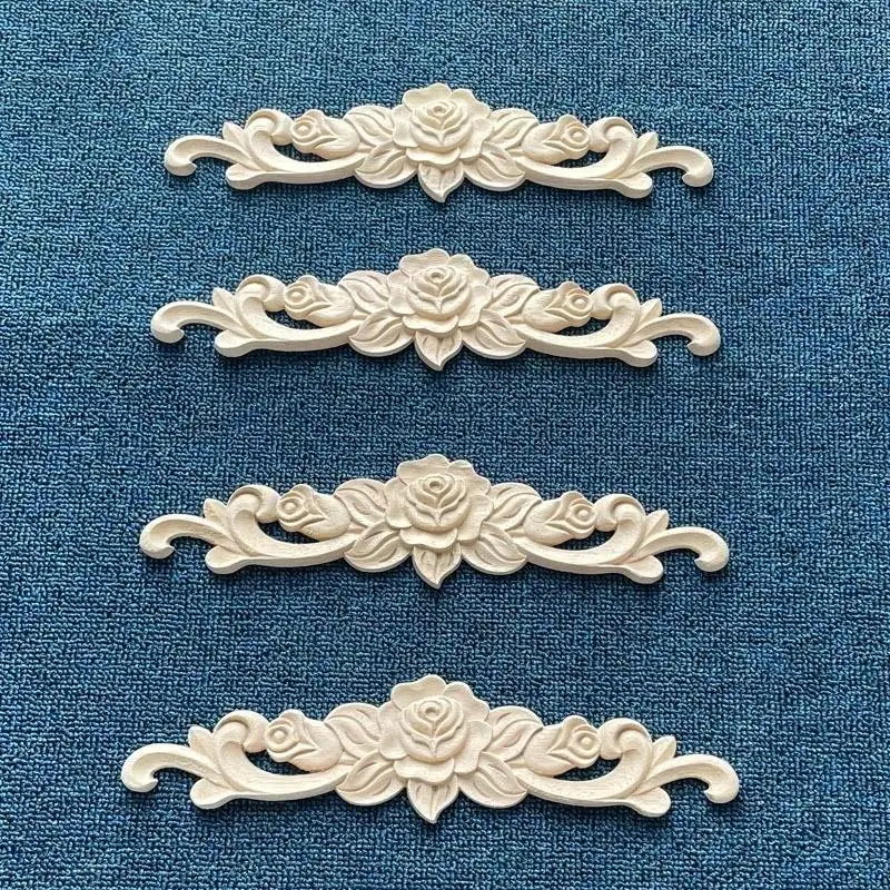 4Pcs Wood Carved Applique Mouldings Long Onlay Unpainted Rose Flower Door Home Decor Sculptures For British Farmhouse Style