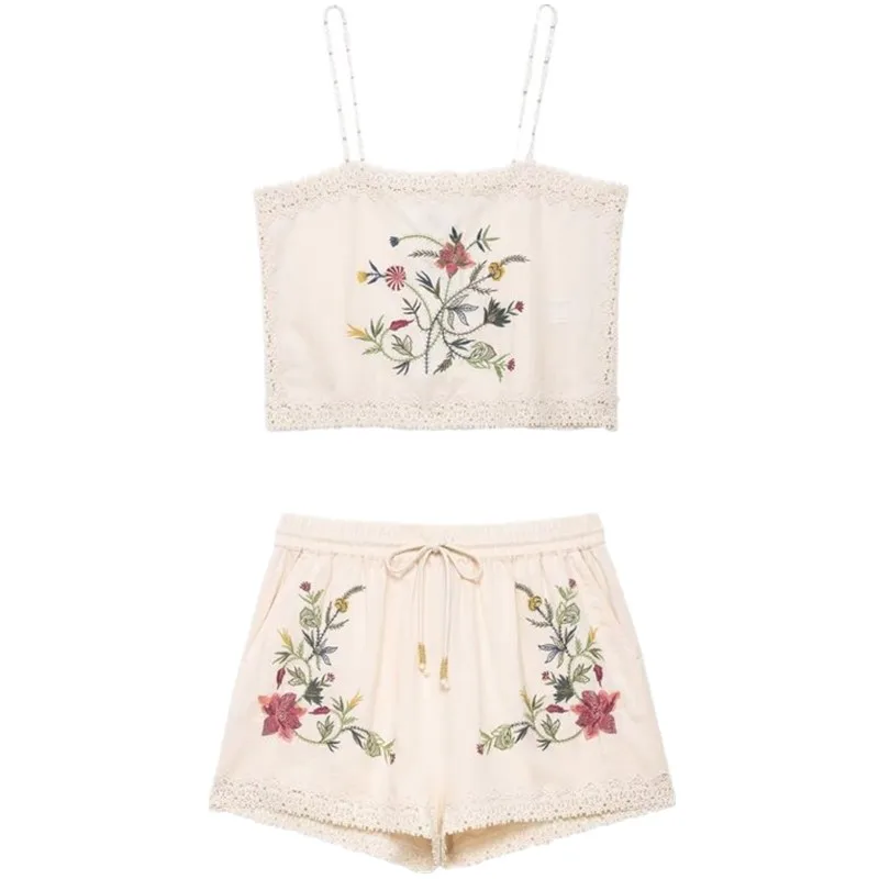 

New Summer 2025 Women's Faion ort Sve round Ne Embroidered Flower Bunting Top mid Waist orts Two Piece Set