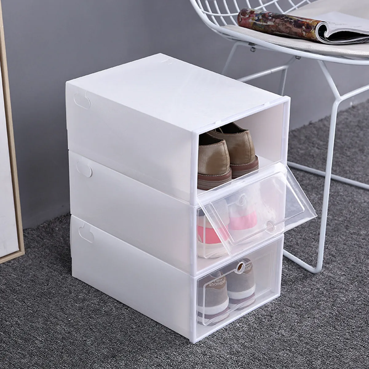 

6pcs Drawer Type Shoe Box - Thicken Transparent Dust-proof Sneaker Organizer, Stackable White Frame Display Case for Closet