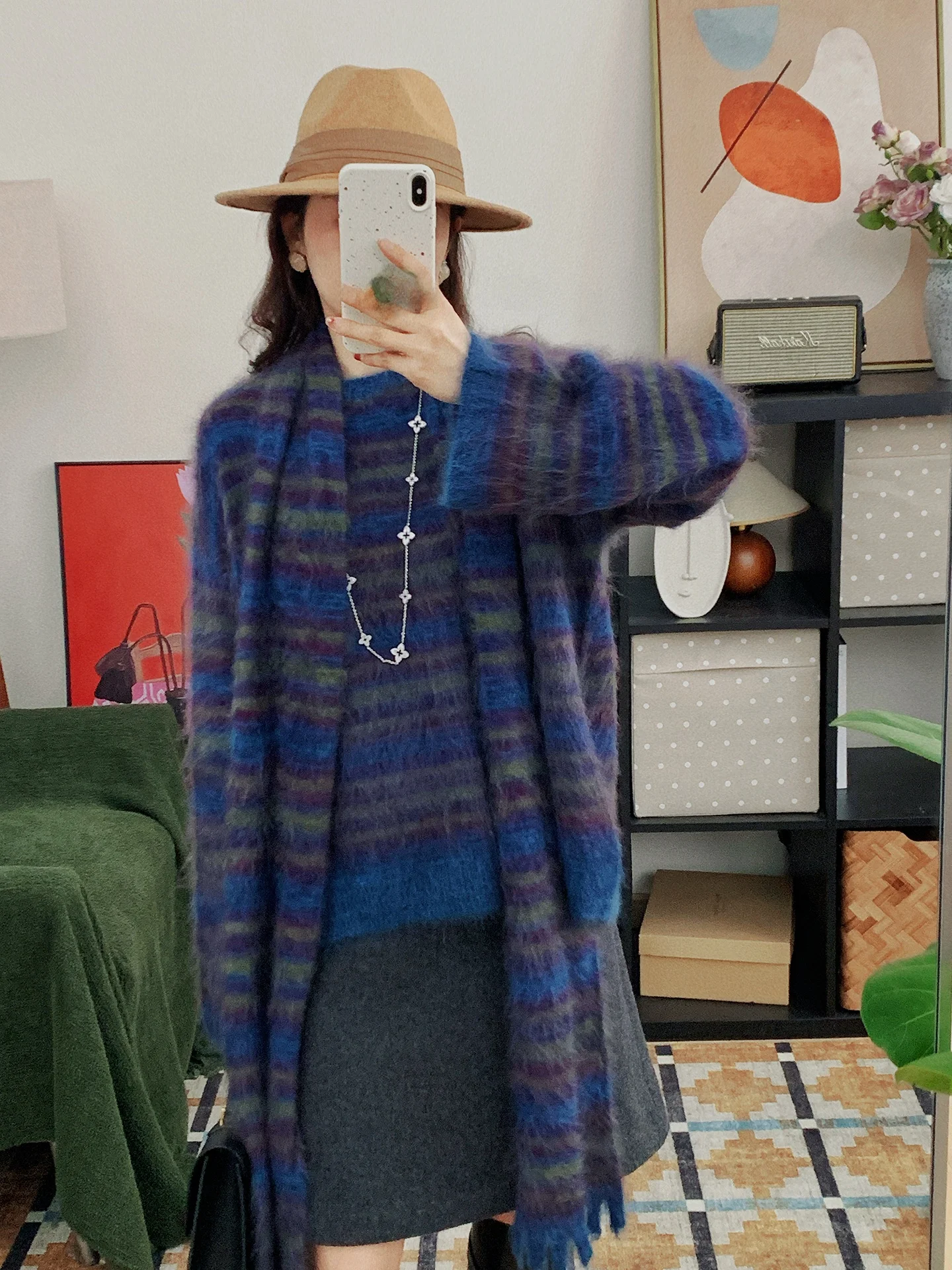 

Ретро-свитер в полоску с бахромой, свободный вязаный женский свитер с круглым вырезом, длинными рукавами, теплый, толстый, зимний, модный, для повседневной носки