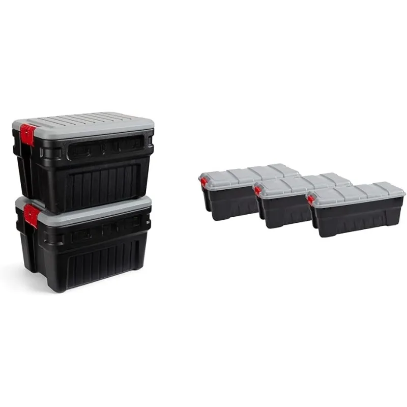 24 Gal Lockable Storage Box Pack of 2 and 16 Gal Storage Tote Pack of 3, Outdoor, Industrial, Rugged Use