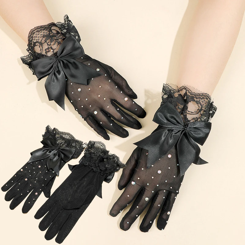 Gants en maille flash brillant sexy pour femme, dentelle fine à haute élasticité, grand nœud papillon, gants de protection solaire, cosplay de scène