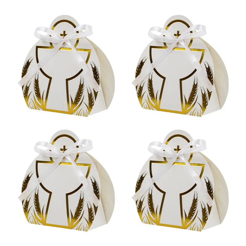 Boîtes en papier pour friandises de baptême avec rubans, design Saint Graal, boîtes en papier pour friandises de baptême avec croix, boîtes en papier pour friandises de baptême pour fête de naissance