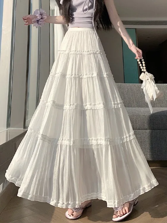 

Sweet Cake Ruffle Hem Midi Skirt Women's Spring Summer New High Waist Drape Slimming Versatile A-Line Skirt Princ Sle