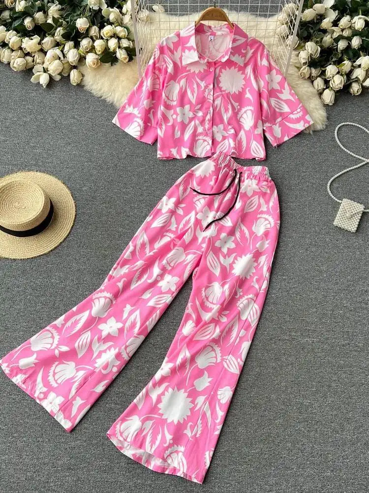 Women Printed Two Piec Sets Summer Short Sleeved Polo Collar Shirt Straight Leg Loose Long Pants Casual Suits Flroal Outfits