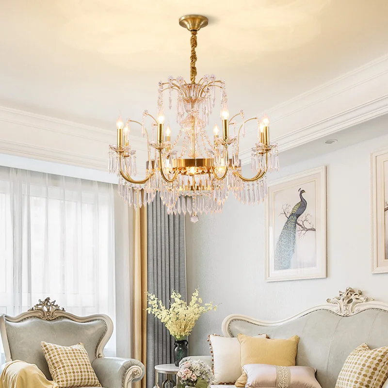 DINGFAN European Style All Copper Crystal Chandelier Hotel Lobby Villa Living  Study Dining Bedroom Decorative Pendent Light