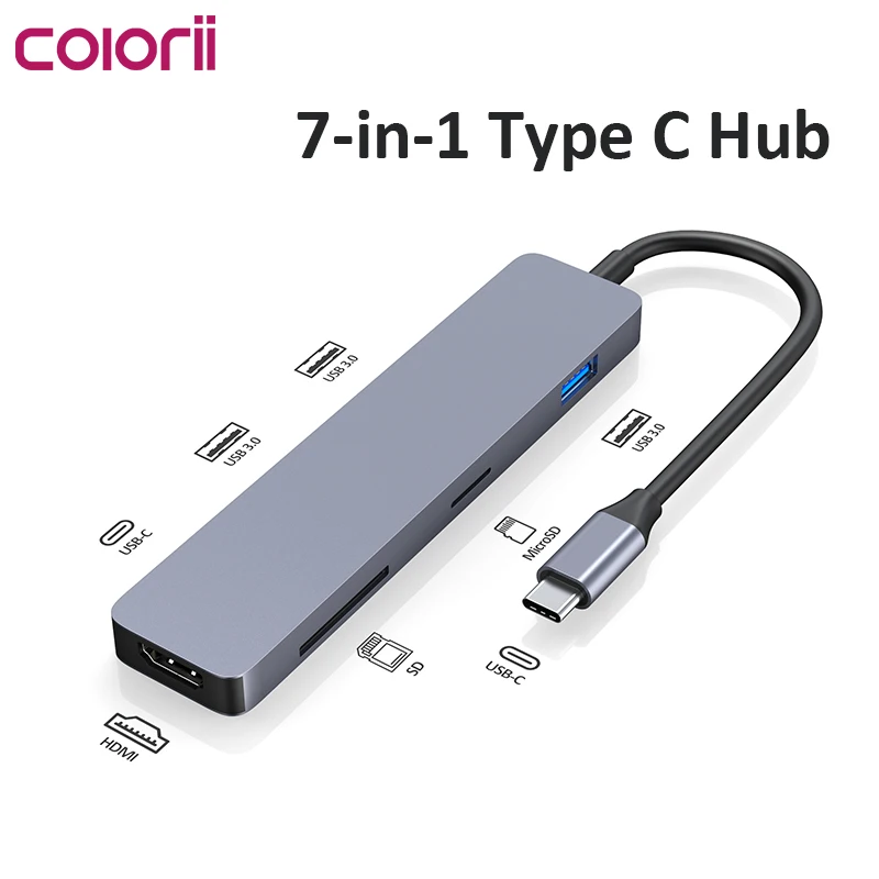 Colorii 7 in 1 USB C Hub 4K HDMI USB HUB 60W Multiport Adapter for MacBook Pro/Air, iPad Pro, iMac, iPhone 15 Pro/Pro Max, XPS