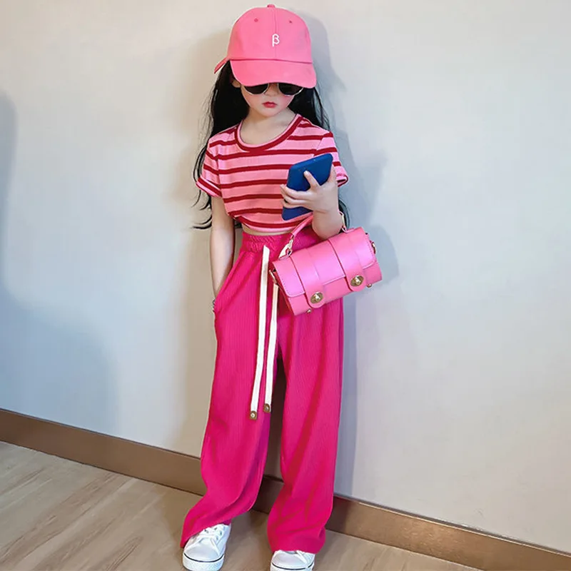 Girls Clothes Summer Striped Knitted Short Sleeved Top & Straight Wide-leg Pants 2 Pieces Suit Teenage Girl Dopamine Wear