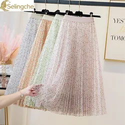 Printed Mesh Half Skirt for Women in Spring/summer 2024 New Mid Length High Waisted A-line Skirt Printed Pleated Skirt