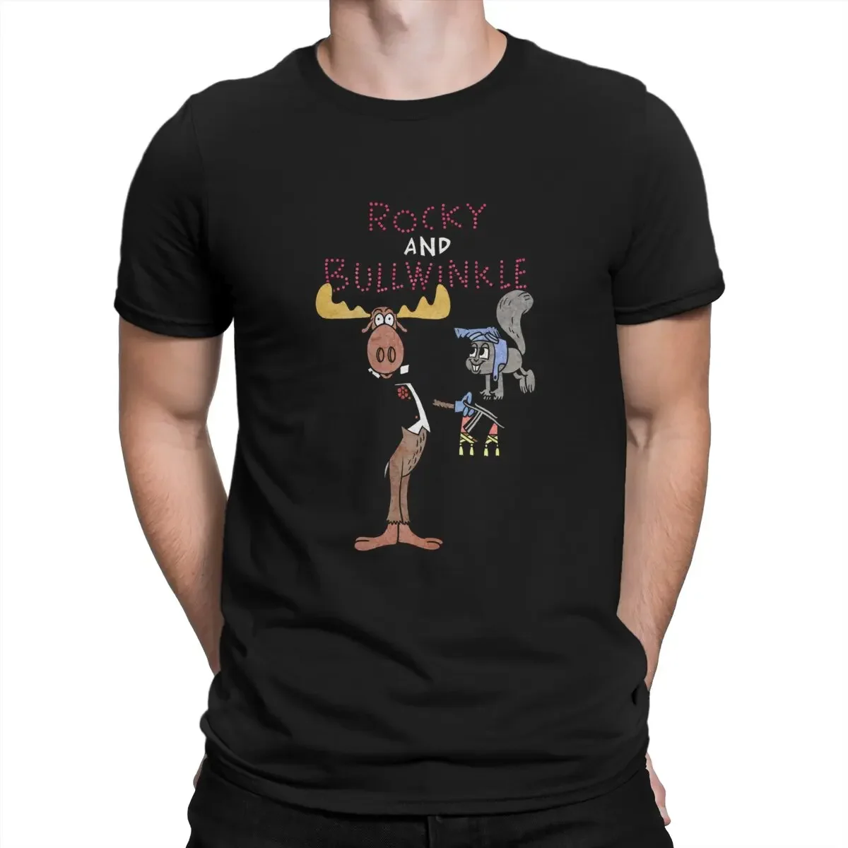 Crew Neck Bullwinkle With Friends Tee Shirt Jay Ward Cartoons Bullwinkle Rocky T Shirts Men's  Pure Cotton oversized