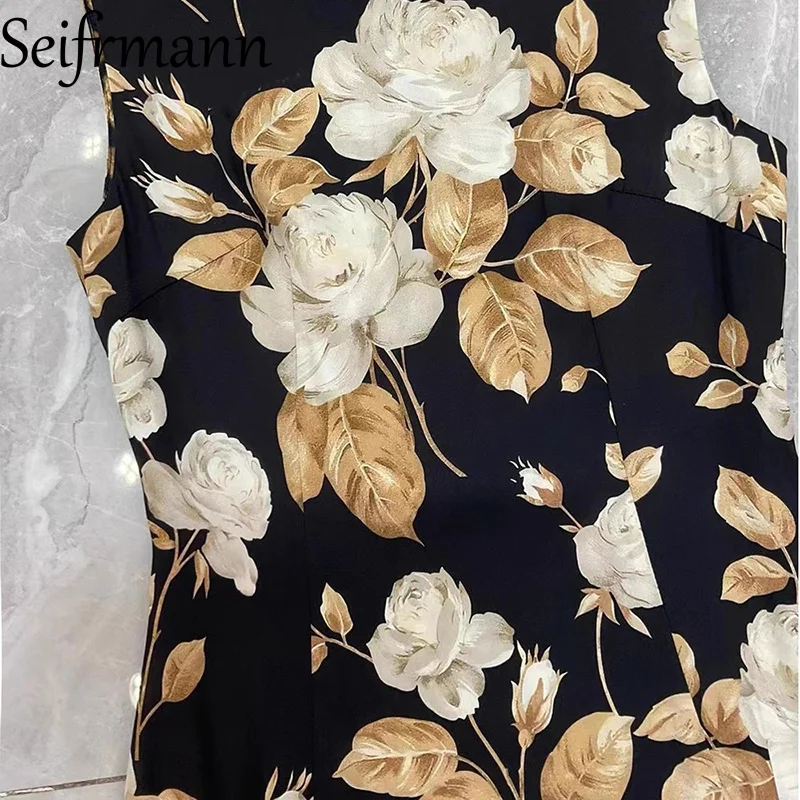 Seifrmann 2025 秋の新着シルクノースリーブドレス秋ホワイトローズフラワーブラックボトムベストスカートシルク痩身