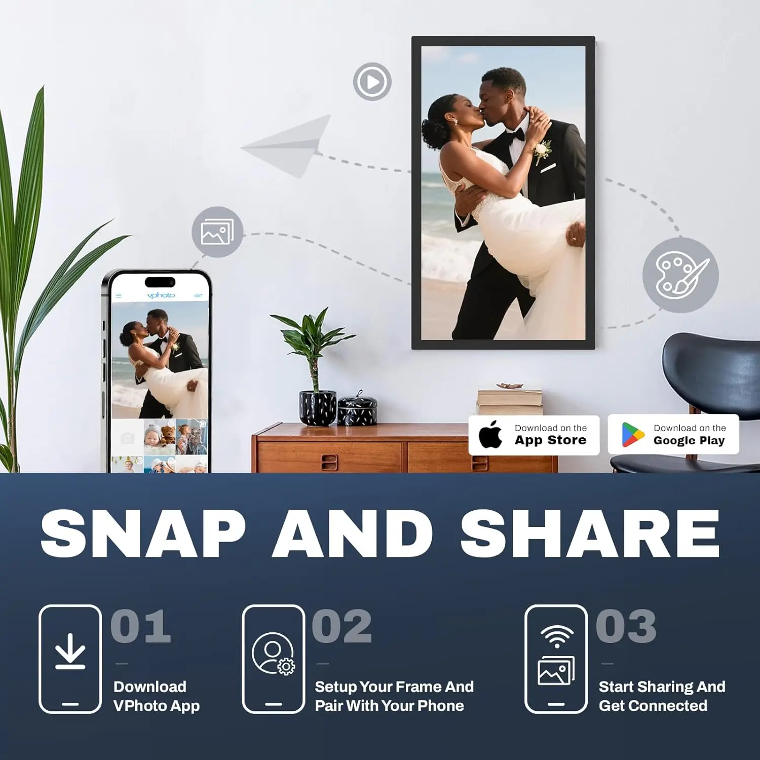 إطار صور رقمي FHD مقاس 24 بوصة، 1920 × 1080 IPS، WiFi، مساحة تخزين 32 جيجابايت، جهاز تحكم عن بعد، تدوير تلقائي، مشاركة عبر التطبيق/البريد الإلكتروني، USB/microSD، أسود