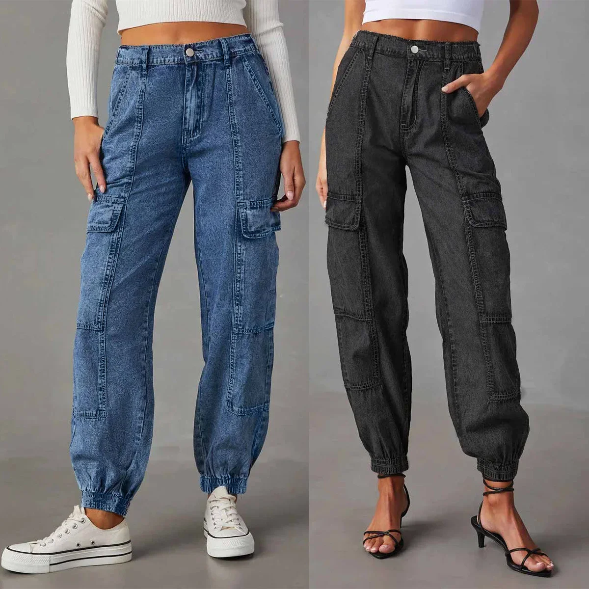 Pantaloni cargo in denim da donna Pantaloni multitasche vintage invecchiati alla caviglia Streetwear Jeans casual autunnali 2025