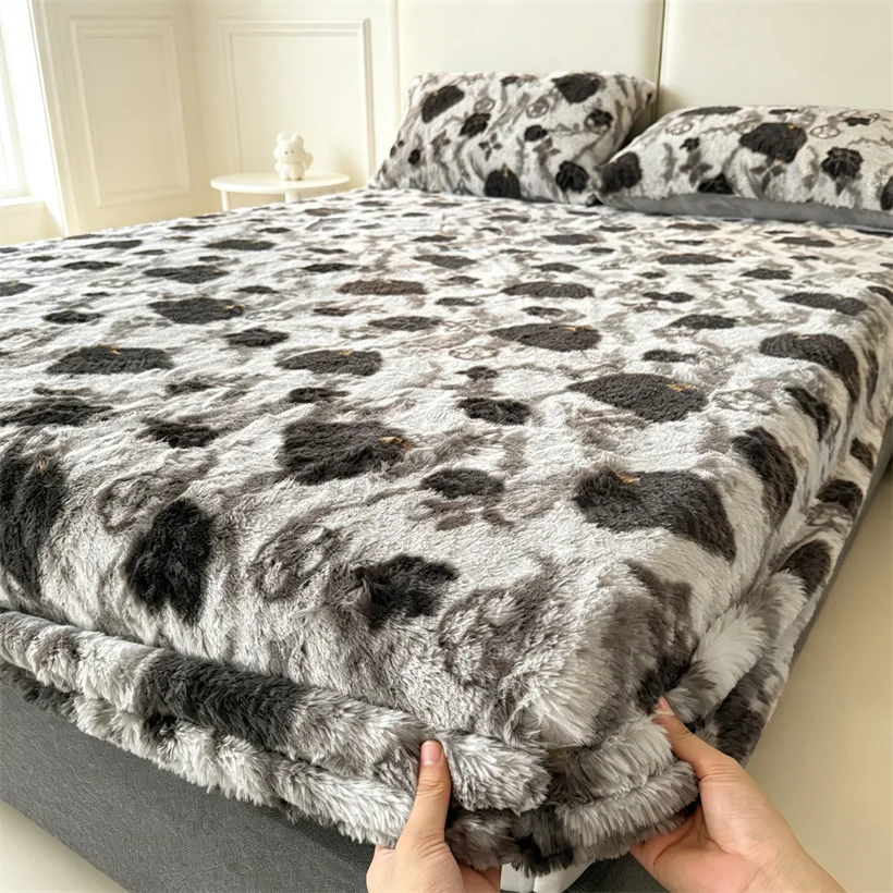 Print Thick Faux Rabbit Fur Mattress Cover Winter Warm Velvet Fleece Mattress Protector Fluffy Soft Plush Fitted Bed Sheet Set