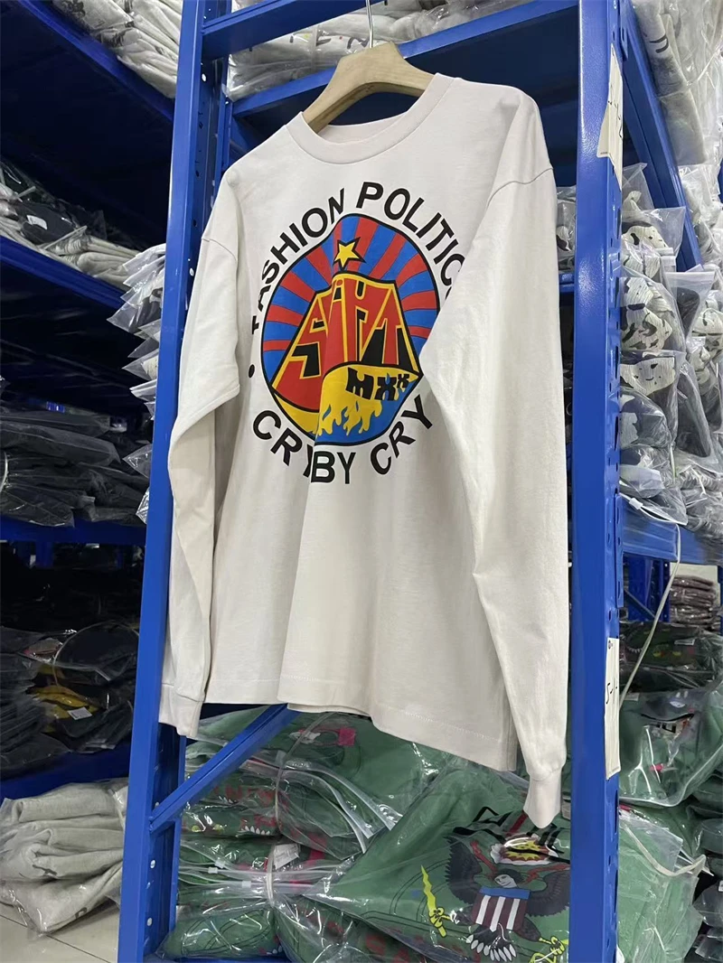 Vintage High Quality Saint Retro Street Patton Print Washed Long Sleeves Cotton Casual Loose For Men Women Rock Hip Hop Tops