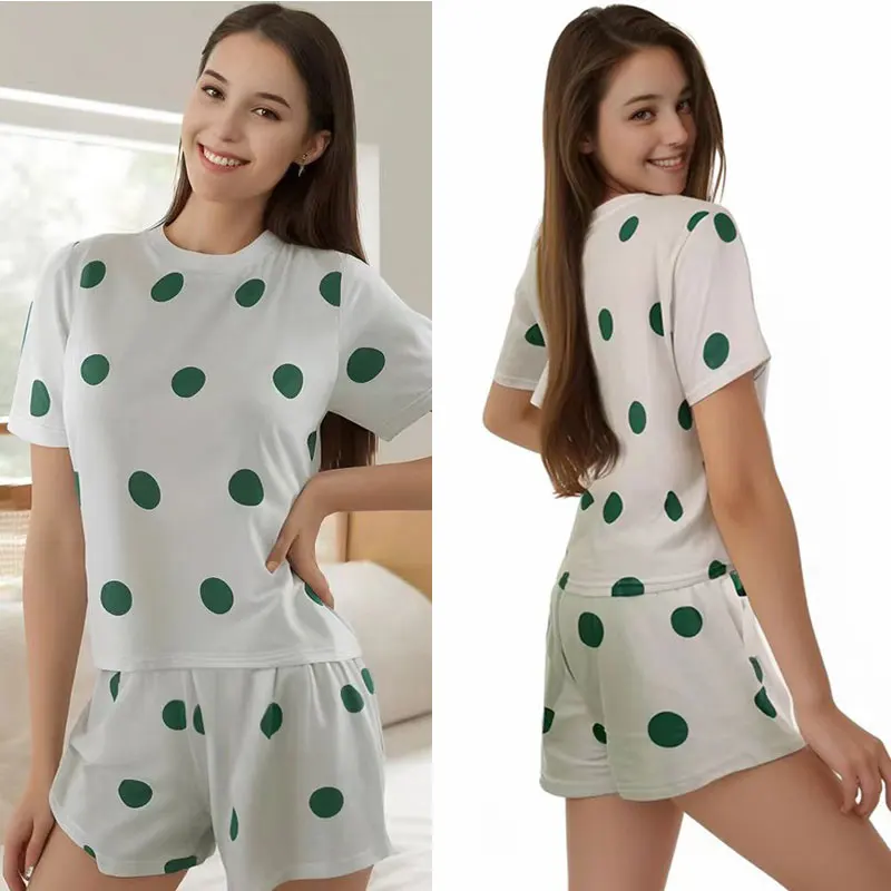 Home wear set - short-sleeved T-shirt with polka dot print - European-style pajamas with round neck - two-piece set