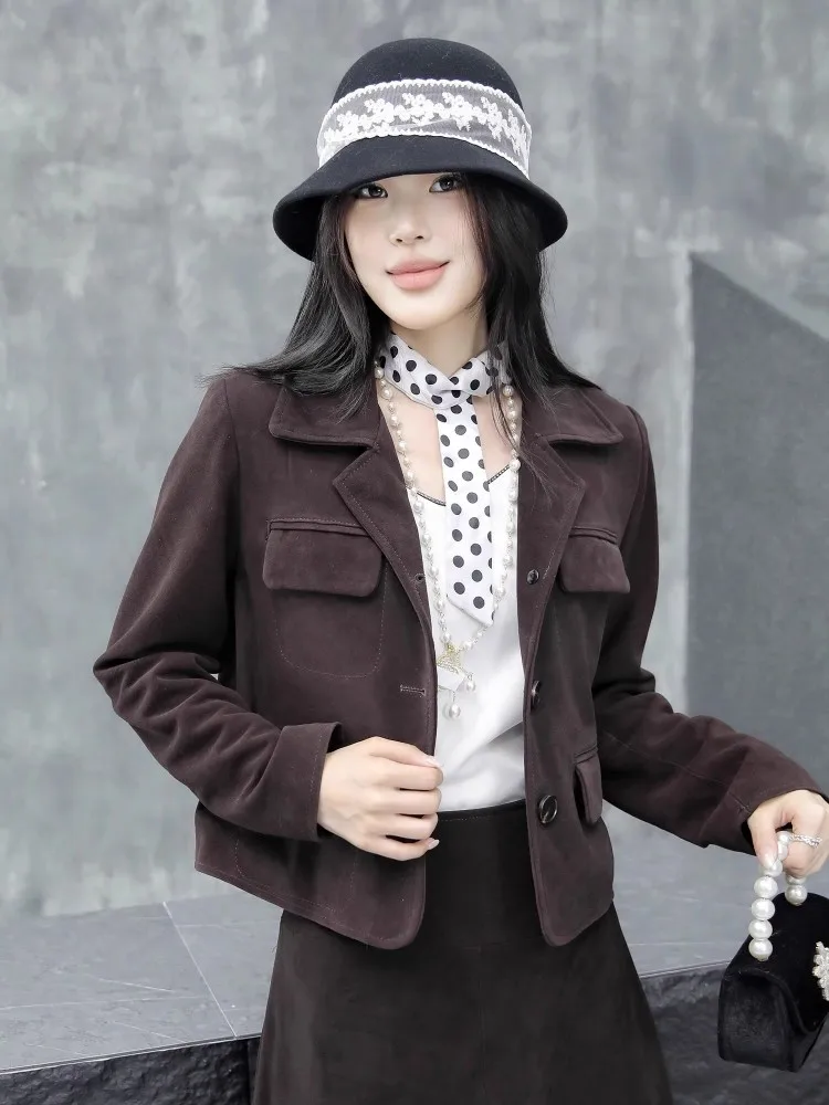 سترة نسائية بلون القهوة الداكنة للخريف بأكمام طويلة وياقة علوية وسترات قصيرة واحدة الصدر وزرين ملابس خارجية بقصة ضيقة #4