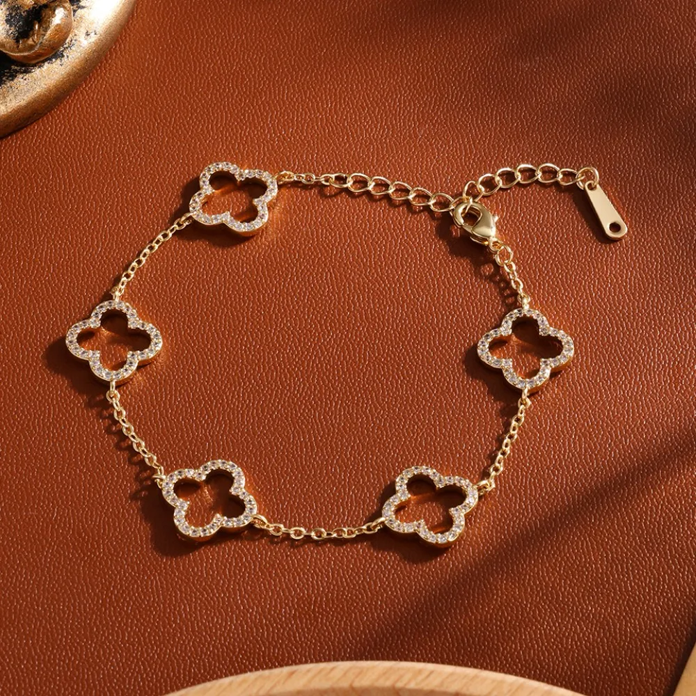 Elegant Female Stainless Steel Bracelet With Zircon Four-Leaf Clover Design Hollow Detail Fashion Accessory For Small Waist image 5